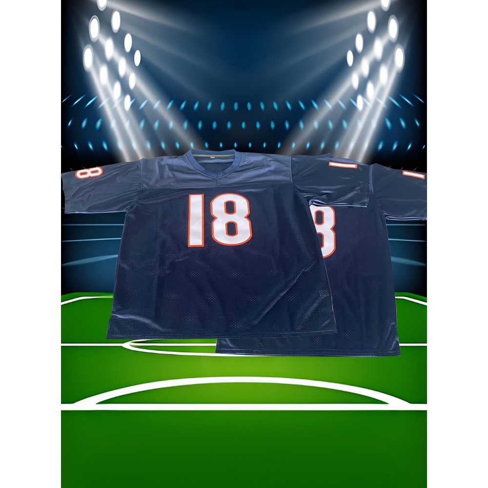 [Casual Outings] Men's #18 American Football Jersey - Navy Blue with Orange & White Stripes, V-Neck Short Sleeve for Team Sports, Training, and Casual Wear, Casual Outdoor Wear | Thletic Appearance | Durable Athletic Wear