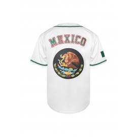 1pc Mexico Men'S V-Neck Baseball Jersey - Breathable Polyester Sports Top with Lettering and Emblem, Casual Loose-Fit for Training and Beachwear, Available in Black, White, and Red