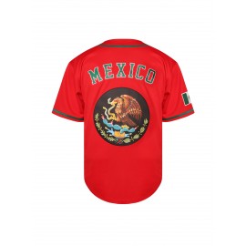 1pc Mexico Men'S V-Neck Baseball Jersey - Breathable Polyester Sports Top with Lettering and Emblem, Casual Loose-Fit for Training and Beachwear, Available in Black, White, and Red