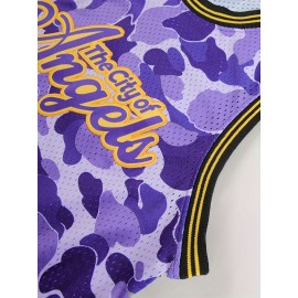 Men'S Embroidered Camo Basketball Jersey, Polyester & Spandex Blend, Crew Neck, Sleeveless, Breathable, Moisture-Wicking, Wrinkle-Resistant, Sports & Casual Style, with for Training, Games, and Parties