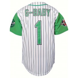 Men's #1 White Striped Embroidered Baseball Jersey - V-Neck, Short Sleeve, Breathable & Moisture-Wicking, Perfect for Sports & Casual Wear