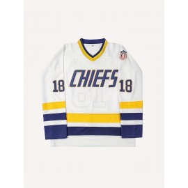 Vintage Hanson Brothers #18 Charlestown Chiefs Hockey Jersey - Blue & White,, Moisture-Wicking Polyester, Long Sleeve, V-Neck Captain's Sweatshirt with Classic Stripes for Sports, Parties & Casual Wear
