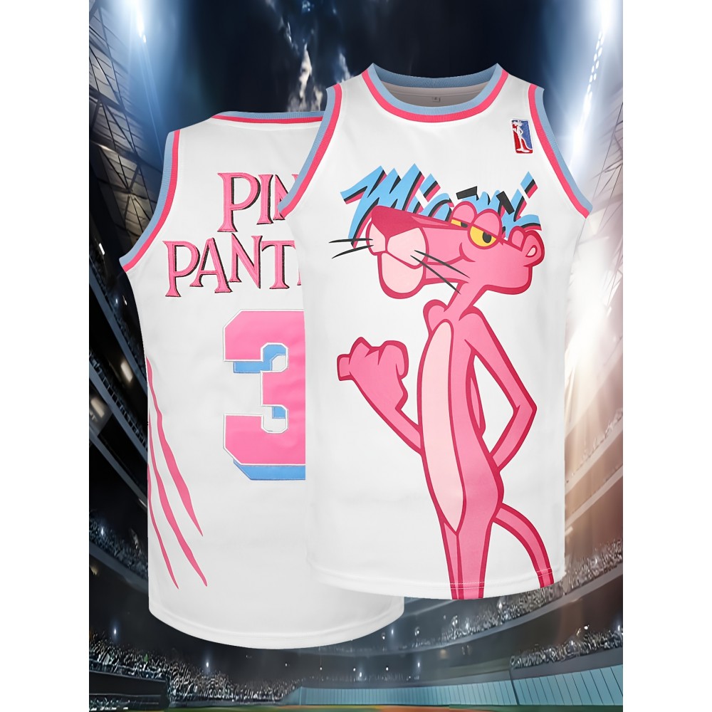 Men's #3 White Basketball Jersey - Pink Panthers, Round Neck, S-3XL, Polyester, Casual & Sporty Design for Parties, Games, and Casual Attire Men's #3 White Basketball Jersey - Pink Panthers, Round Neck, S-3XL, Polyester, Casual & Sporty Design for Parties, Games, and Casual Attire