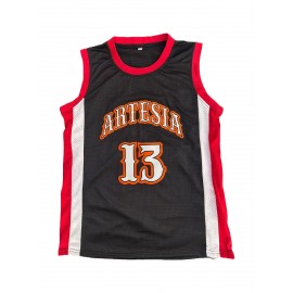 1pc Men'S Artesia Basketball Jersey, Polyester Sports Training Top with Slight Stretch, V-Neck, Loose Fit, Patterned Letter & Number Design, Breathable & Comfortable for Casual, Beach, Party, Team Sports - Sizes S-3XL