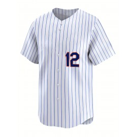Women's Plus Size New York #12 Baseball Jersey - White & Blue Striped Retro Design, Moisture-Wicking, Breathable Polyester, UV Protection, Fade Resistant, Perfect for Training, Parties & Gifts for Baseball Fans