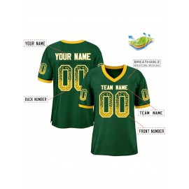 Customizable Plus Size Football Jersey - Personalized Name & Number, Vibrant Orange & White Striped Design, V-Neck Short Sleeve for Women'S Outdoor Sports, Team Uniforms, Summer Athletic Wear, Sporty Clothing, Durable Sportswear