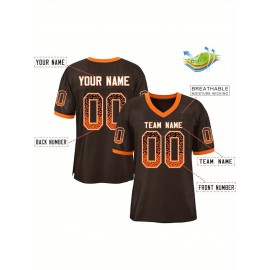 Customizable Plus Size Football Jersey - Personalized Name & Number, Vibrant Orange & White Striped Design, V-Neck Short Sleeve for Women'S Outdoor Sports, Team Uniforms, Summer Athletic Wear, Sporty Clothing, Durable Sportswear