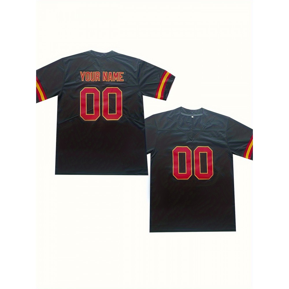 Women'S Plus Size Customizable Football Jersey - Personalized Name & Number, Soft Comfortable Fabric, V-Neck Short Sleeve, Black with Red Accents, Summer Casual Sports Wear, Football Jersey, PLUS SIZE Women'S Plus Size Customizable Football Jersey - Personalized Name & Number, Soft Comfortable Fabric, V-Neck Short Sleeve, Black with Red Accents, Summer Casual Sports Wear, Football Jersey, PLUS SIZE