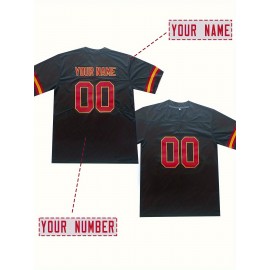 Women'S Plus Size Customizable Football Jersey - Personalized Name & Number, Soft Comfortable Fabric, V-Neck Short Sleeve, Black with Red Accents, Summer Casual Sports Wear, Football Jersey, PLUS SIZE