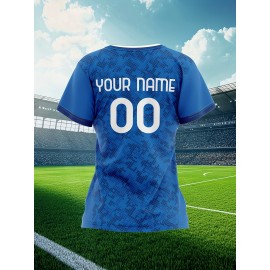 Customizable Women'S Plus Size Football Jersey - Personalized Team Name & Number, Breathable Outdoor Sports Shirt with Vibrant Blue & Pink Geometric Design, Perfect for Soccer Fans, Soccer Fan Apparel | Vibrant Jersey Design | Durable Fabric Shirt