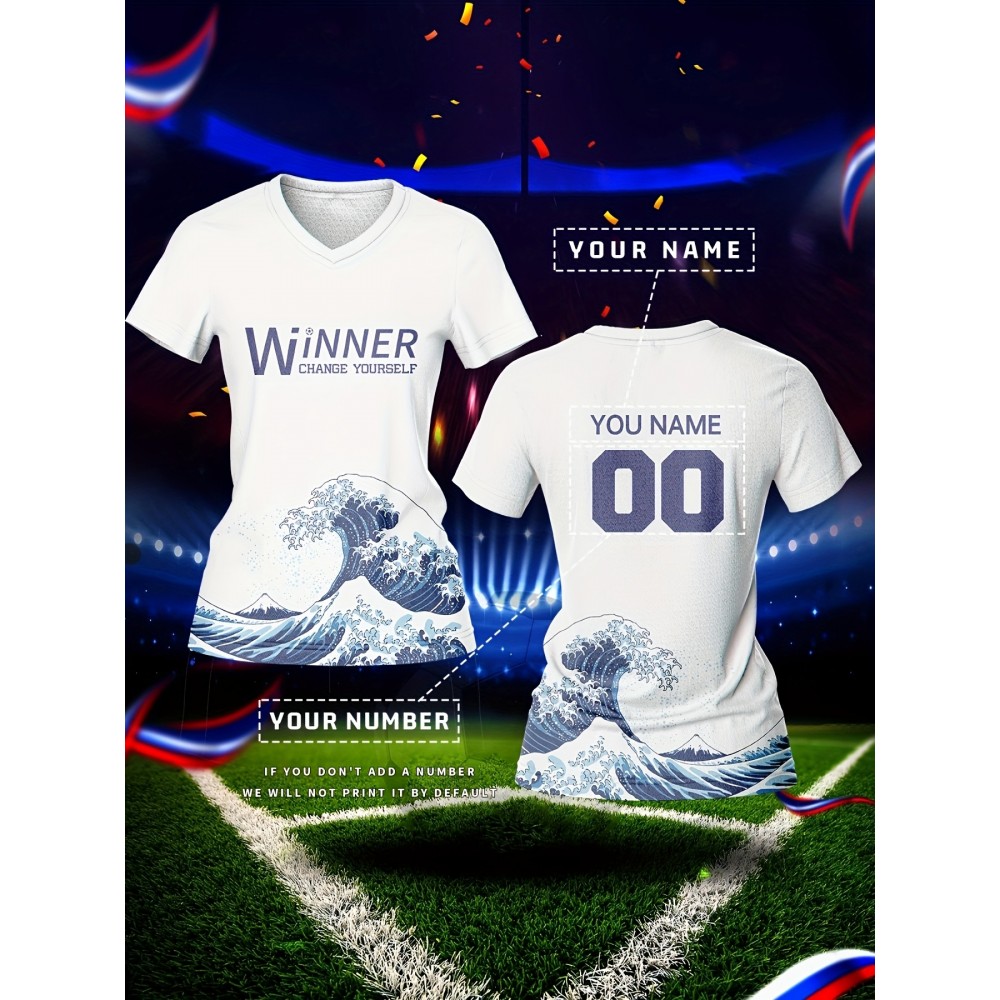 Customized Women's V-Neck Football Jersey - Personalized Name & Number, Breathable Quick-Dry Fabric, Japanese Wave Print Design for Team Training, Fitness & Casual Wear (Spring/Summer/Fall), Personalized Football Jersey, Quickdry Sportswear Customized Women's V-Neck Football Jersey - Personalized Name & Number, Breathable Quick-Dry Fabric, Japanese Wave Print Design for Team Training, Fitness & Casual Wear (Spring/Summer/Fall), Personalized Football Jersey, Quickdry Sportswear