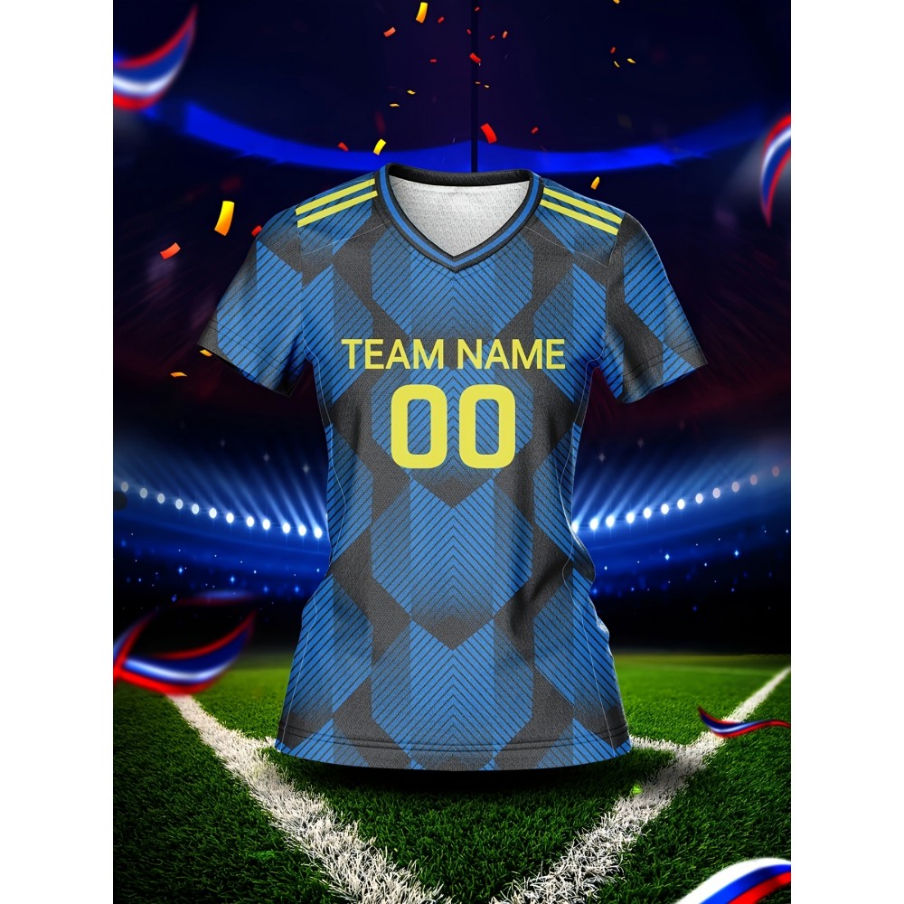 Custom Name & Number Women's V-Neck Football Jersey - Blue & Black Checkered Design, Breathable & Quick-Dry Polyester Sports Top for Team Training, Fitness & Casual Wear Custom Name & Number Women's V-Neck Football Jersey - Blue & Black Checkered Design, Breathable & Quick-Dry Polyester Sports Top for Team Training, Fitness & Casual Wear