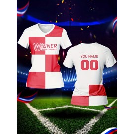 Customizable Women's V-Neck Soccer Jersey - Personal Name & Number, Breathable Polyester, Quick-Dry Sports Top for Team Training & Casual Wear, Sports Training Top | Customizable Soccer Shirt | Smooth Fabric Shirt