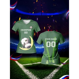 Customized Women's V-Neck Football Jersey - Personalized Name & Number, Breathable Quick-Dry Fabric, Team Training & Casual Wear with Cute Cartoon & Champion 00 Design, Spring Summer Fall Sports Apparel, Durable Sports Gear
