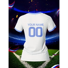 Customizable Women's V-Neck Soccer Jersey - Personalized Name & Number, Breathable Polyester, Quick-Dry Sports Top with Blue Accents for Team Training & Casual Wear, Team Apparel | Customizable Soccer Shirt | Knit Construction