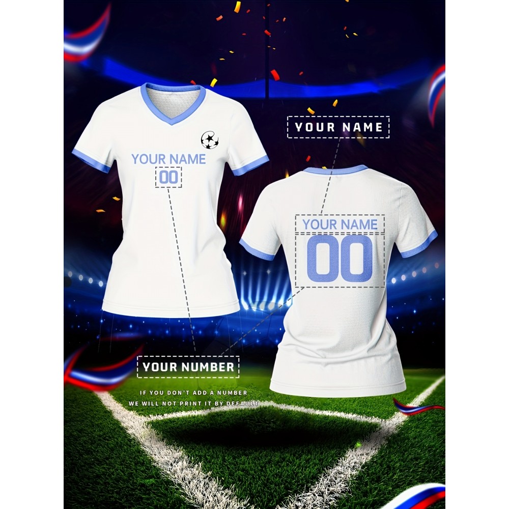 Customizable Women's V-Neck Soccer Jersey - Personalized Name & Number, Breathable Polyester, Quick-Dry Sports Top with Blue Accents for Team Training & Casual Wear, Team Apparel | Customizable Soccer Shirt | Knit Construction Customizable Women's V-Neck Soccer Jersey - Personalized Name & Number, Breathable Polyester, Quick-Dry Sports Top with Blue Accents for Team Training & Casual Wear, Team Apparel | Customizable Soccer Shirt | Knit Construction