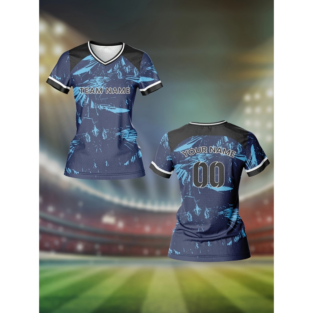 Customizable Women's V-Neck Soccer Jersey - Personalized Name & Number, Breathable Polyester, Quick-Dry Athletic Top for Team Sports, Fitness & Casual Wear, Blue & Black Retro Design, Team Sports Apparel | Athletic Team Uniform | Comfortable Fit Customizable Women's V-Neck Soccer Jersey - Personalized Name & Number, Breathable Polyester, Quick-Dry Athletic Top for Team Sports, Fitness & Casual Wear, Blue & Black Retro Design, Team Sports Apparel | Athletic Team Uniform | Comfortable Fit