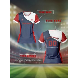 Customizable Women's V-Neck Football Jersey - Personalized Name & Number, Breathable Polyester, Quick-Dry Sports Top for Team Training, Casual Wear, and Fitness - Dark Blue with Red Sleeves