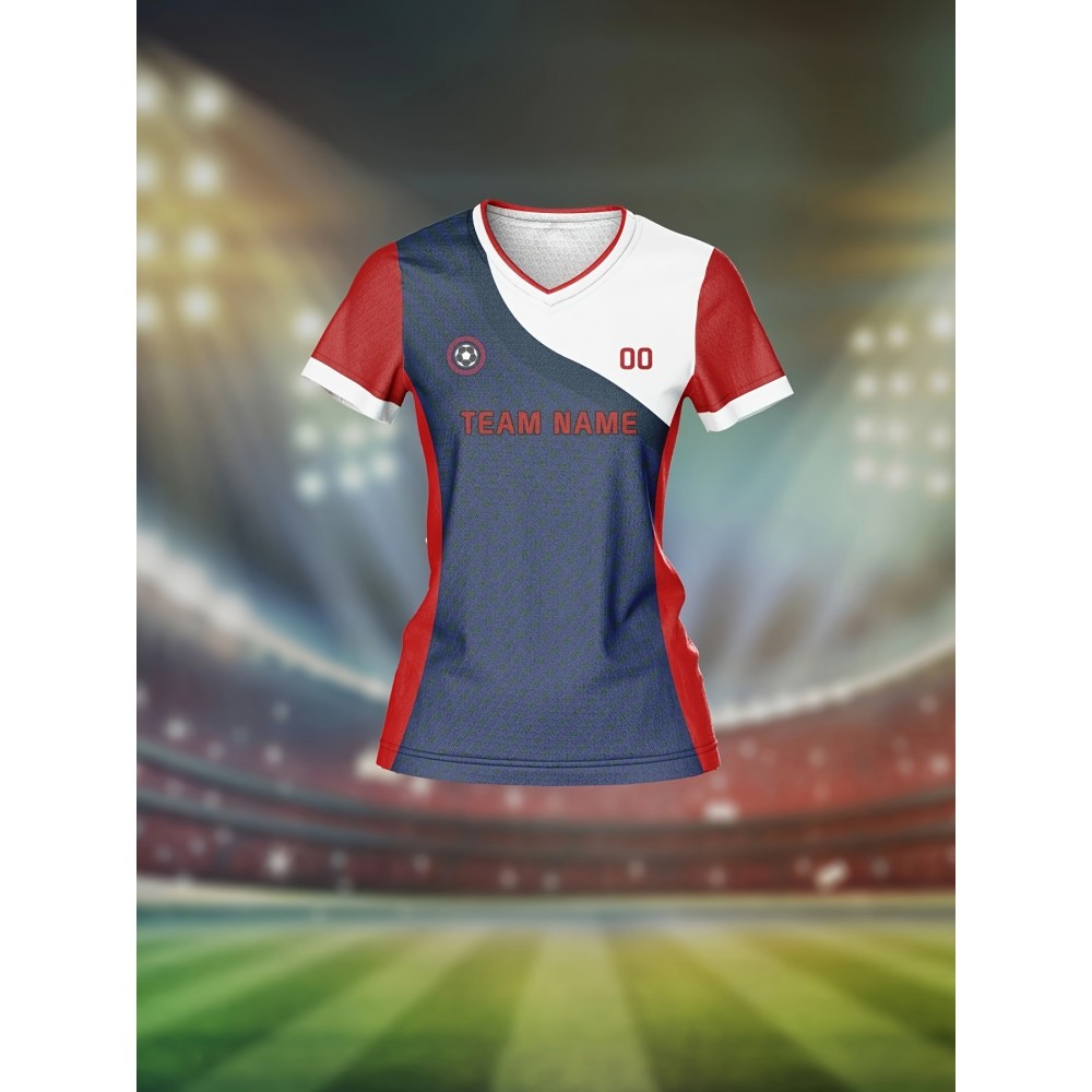 Customizable Women's V-Neck Football Jersey - Personalized Name & Number, Breathable Polyester, Quick-Dry Sports Top for Team Training, Casual Wear, and Fitness - Dark Blue with Red Sleeves Customizable Women's V-Neck Football Jersey - Personalized Name & Number, Breathable Polyester, Quick-Dry Sports Top for Team Training, Casual Wear, and Fitness - Dark Blue with Red Sleeves