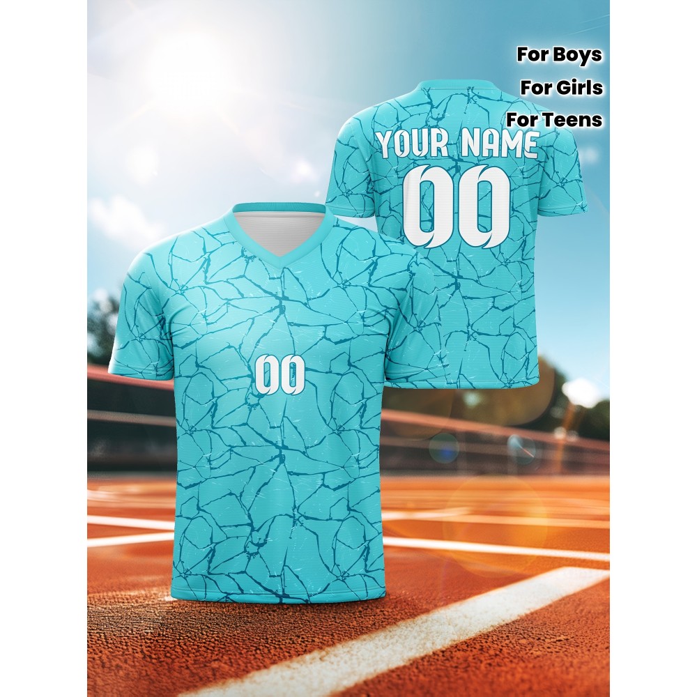 Customizable Kids Soccer Jersey with Name and Number, Polyester V-Neck Sports Shirt, Medium Stretch Knit Fabric, All-Over Print, for Boys, Girls, and Teens, Casual, Running, Training, and Daily Wear, Spring/Summer/Fall Customizable Kids Soccer Jersey with Name and Number, Polyester V-Neck Sports Shirt, Medium Stretch Knit Fabric, All-Over Print, for Boys, Girls, and Teens, Casual, Running, Training, and Daily Wear, Spring/Summer/Fall