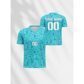 Customizable Kids Soccer Jersey with Name and Number, Polyester V-Neck Sports Shirt, Medium Stretch Knit Fabric, All-Over Print, for Boys, Girls, and Teens, Casual, Running, Training, and Daily Wear, Spring/Summer/Fall