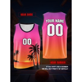 Custom Youngsters' Basketball Tank Top - Personalized Name & Number, Pink to Orange Gradient with Palm Tree Design, Breathable Polyester for Sports, Training, and Outdoor Play