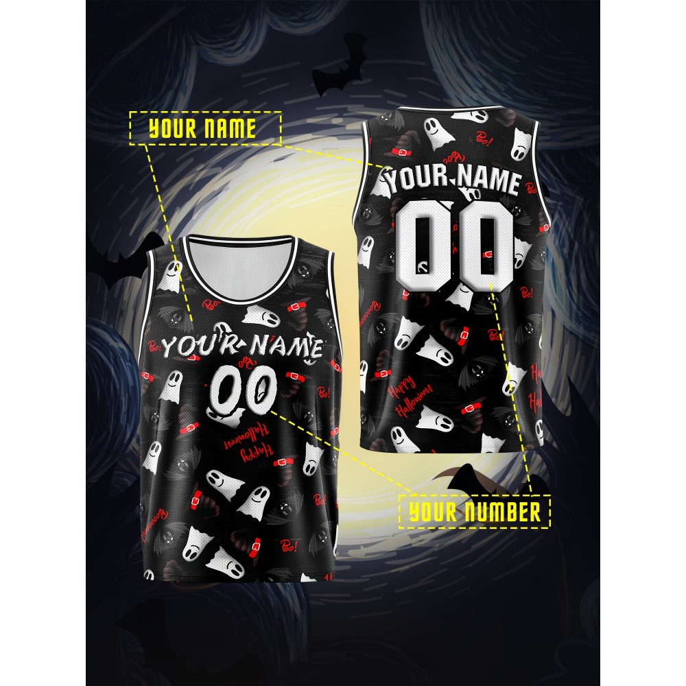 Customized Name And Number Boy's Basketball Sports Vest, Halloween Theme Ghost And Bat Pattern Print Breathable Vest For Game Team Training Outdoor Sports Running Workout Customized Name And Number Boy's Basketball Sports Vest, Halloween Theme Ghost And Bat Pattern Print Breathable Vest For Game Team Training Outdoor Sports Running Workout