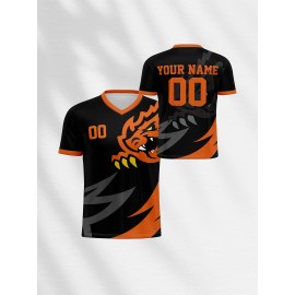 1pc Customizable V-Neck Soccer Jersey for Kids - 100% Polyester, Medium Stretch, All-Over Print, Personalized Name & Number, Regular Fit, for Boys & Girls, Ideal for Sports, Casual Wear, Training, Beach, Birthday - Spring/Summer/Fall
