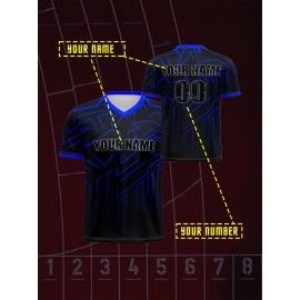 Customizable Youngsters' Soccer Jersey - V-Neck, Personalized Name & Number, Comfortable Polyester Sports Top in Black with Blue Accents for Boys & Girls - Ideal for Outdoor Activities & Training