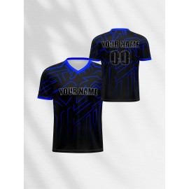 Customizable Youngsters' Soccer Jersey - V-Neck, Personalized Name & Number, Comfortable Polyester Sports Top in Black with Blue Accents for Boys & Girls - Ideal for Outdoor Activities & Training