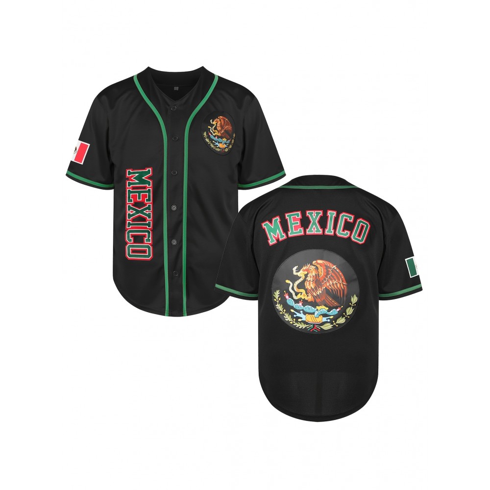 1pc Mexico Men'S V-Neck Baseball Jersey - Breathable Polyester Sports Top with Lettering and Emblem, Casual Loose-Fit for Training and Beachwear, Available in Black, White, and Red 1pc Mexico Men'S V-Neck Baseball Jersey - Breathable Polyester Sports Top with Lettering and Emblem, Casual Loose-Fit for Training and Beachwear, Available in Black, White, and Red