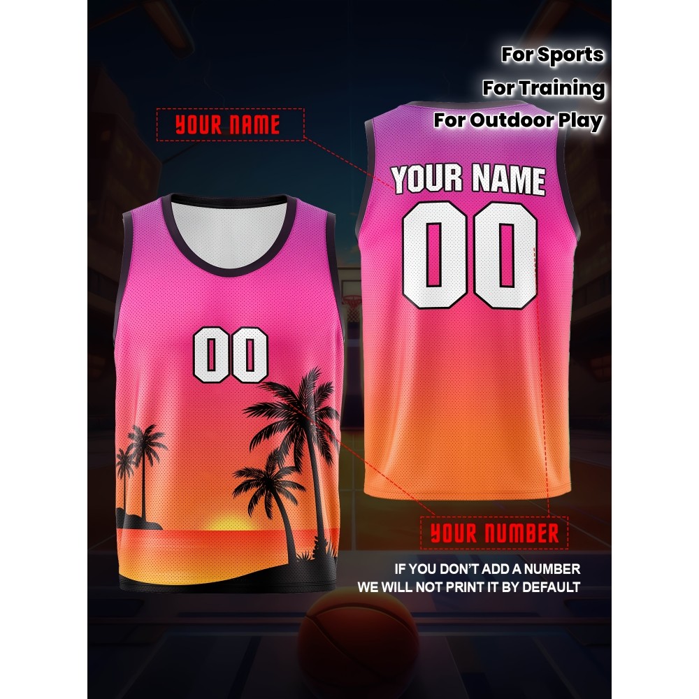 Custom Youngsters' Basketball Tank Top - Personalized Name & Number, Pink to Orange Gradient with Palm Tree Design, Breathable Polyester for Sports, Training, and Outdoor Play Custom Youngsters' Basketball Tank Top - Personalized Name & Number, Pink to Orange Gradient with Palm Tree Design, Breathable Polyester for Sports, Training, and Outdoor Play